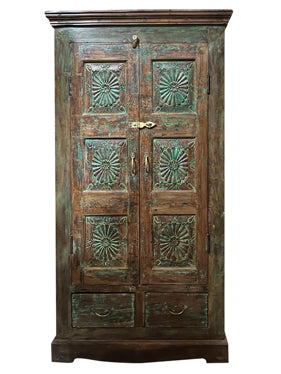 Antique Green Armoire, Charka Carved Artistic Carved Medallions